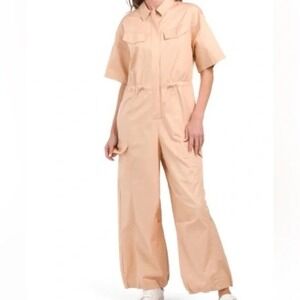ZARA‎ Long GABARDINE JUMPSUIT Cargo Pocket Cinch Waist Cuffs Bloggers Fav Size M